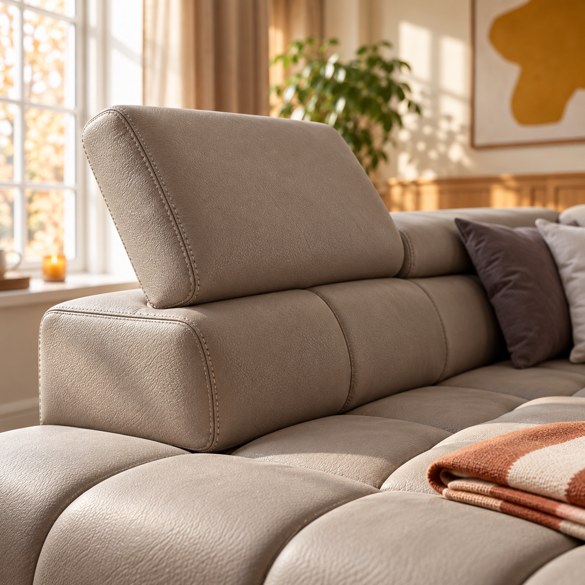 Ecksofa PLAZA L mit elektrischer Sitzverstellung und verstellbaren Kopfstützen – modern & komfortabel, Samt Solar 16 - Taupe, Beige