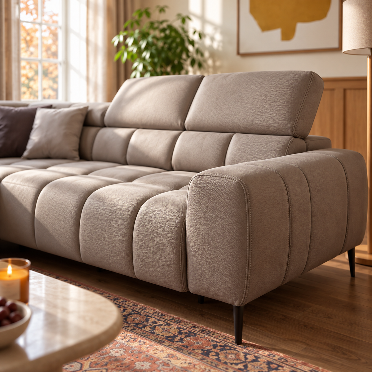 Ecksofa PLAZA L mit elektrischer Sitzverstellung und verstellbaren Kopfstützen – modern & komfortabel, Samt Solar 16 - Taupe, Beige