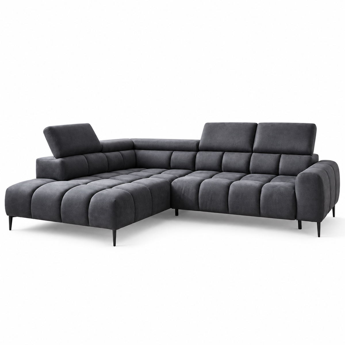 Ecksofa PLAZA L mit elektrischer Sitzverstellung und verstellbaren Kopfstützen – modern & komfortabel, Samt Solar 96 Dunkelgrau