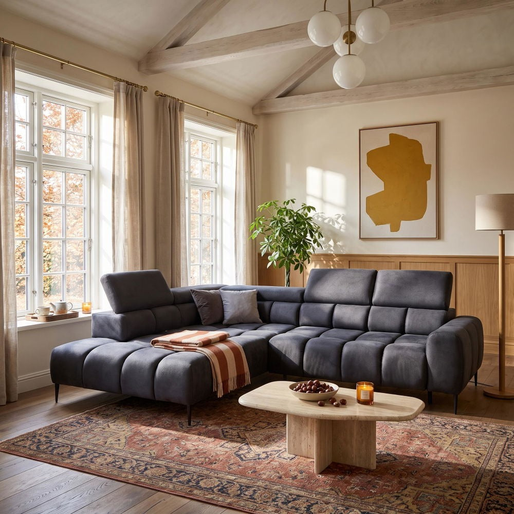 Ecksofa PLAZA L mit elektrischer Sitzverstellung und verstellbaren Kopfstützen – modern & komfortabel, Samt Solar 96 Dunkelgrau