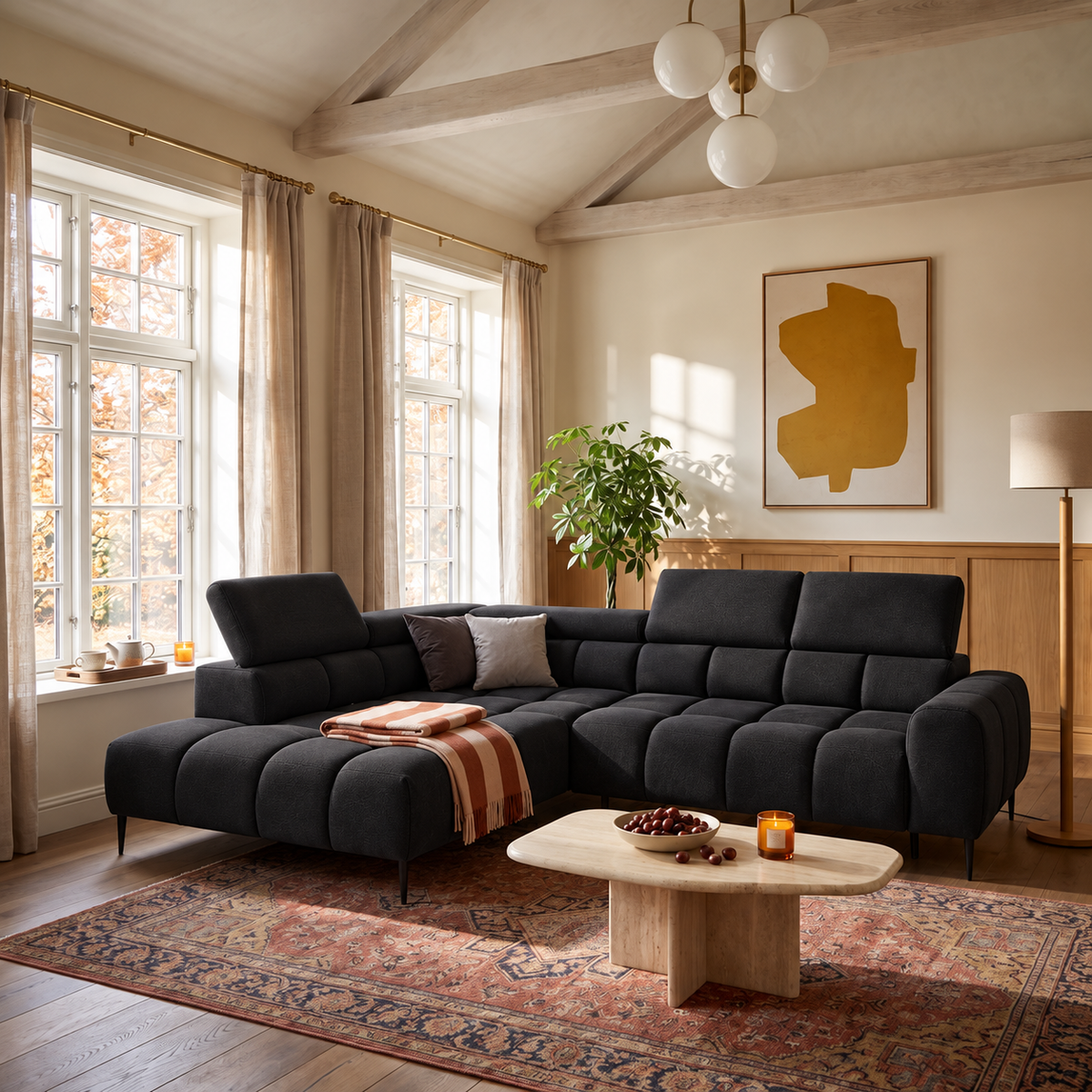 Ecksofa PLAZA L mit elektrischer Sitzverstellung und verstellbaren Kopfstützen – modern & komfortabel, Samt Solar 99 Schwarz