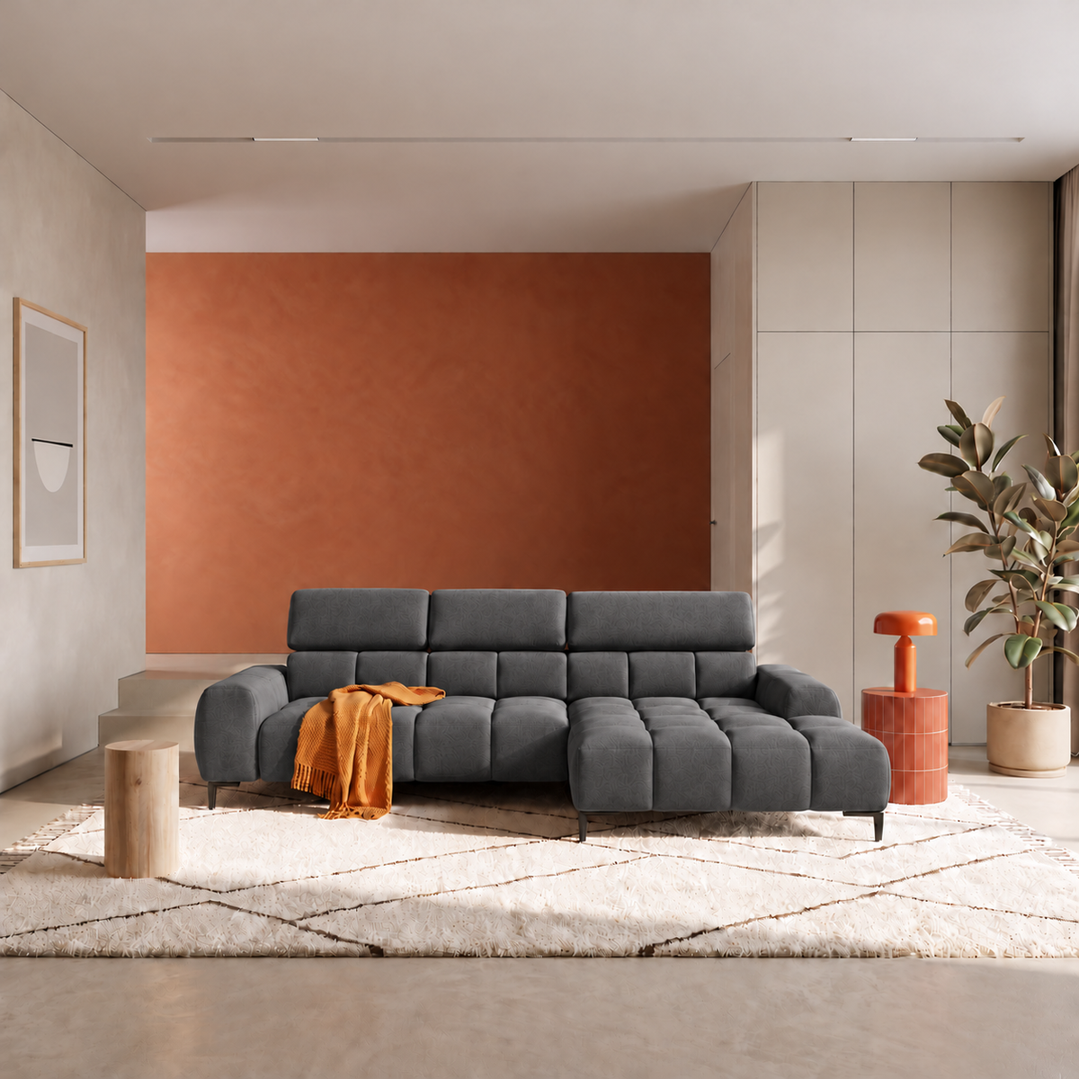 Ecksofa PLAZA MINI mit Relaxfunktion und elektrischer Sitztiefenverstellung – modern & komfortabel, Samt Solar 96 - Dunkelgrau