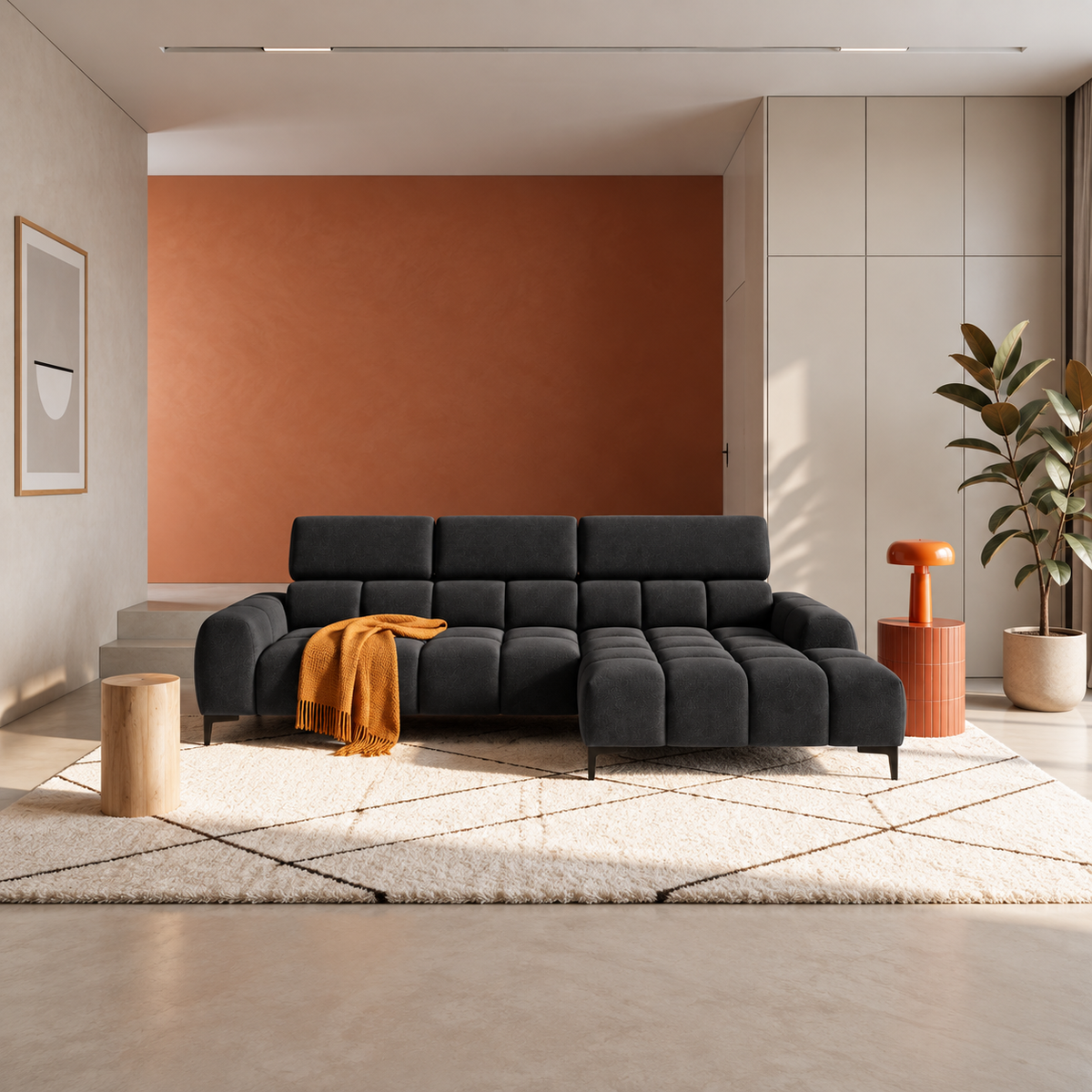 Ecksofa PLAZA MINI mit Relaxfunktion und elektrischer Sitztiefenverstellung – modern & komfortabel, Samt Solar 99 - Schwarz