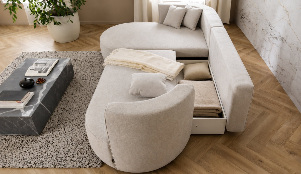 Ecksofa FIORE mit Schlaffunktion und Bettkasten Hellgrau (Modesto 481)