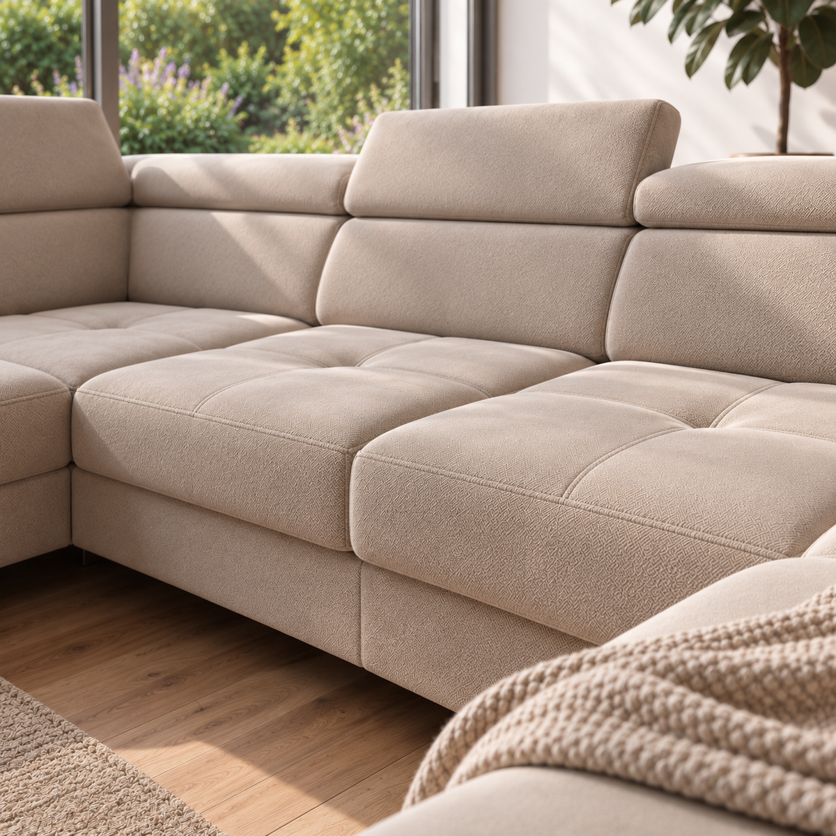 Ecksofa GALAXY MAX I mit Schlaffunktion, 280x350x225, Stoff Terra Bettkasten, verstellbaren Kopfstützen & Armlehne, Grau (Terra 92)