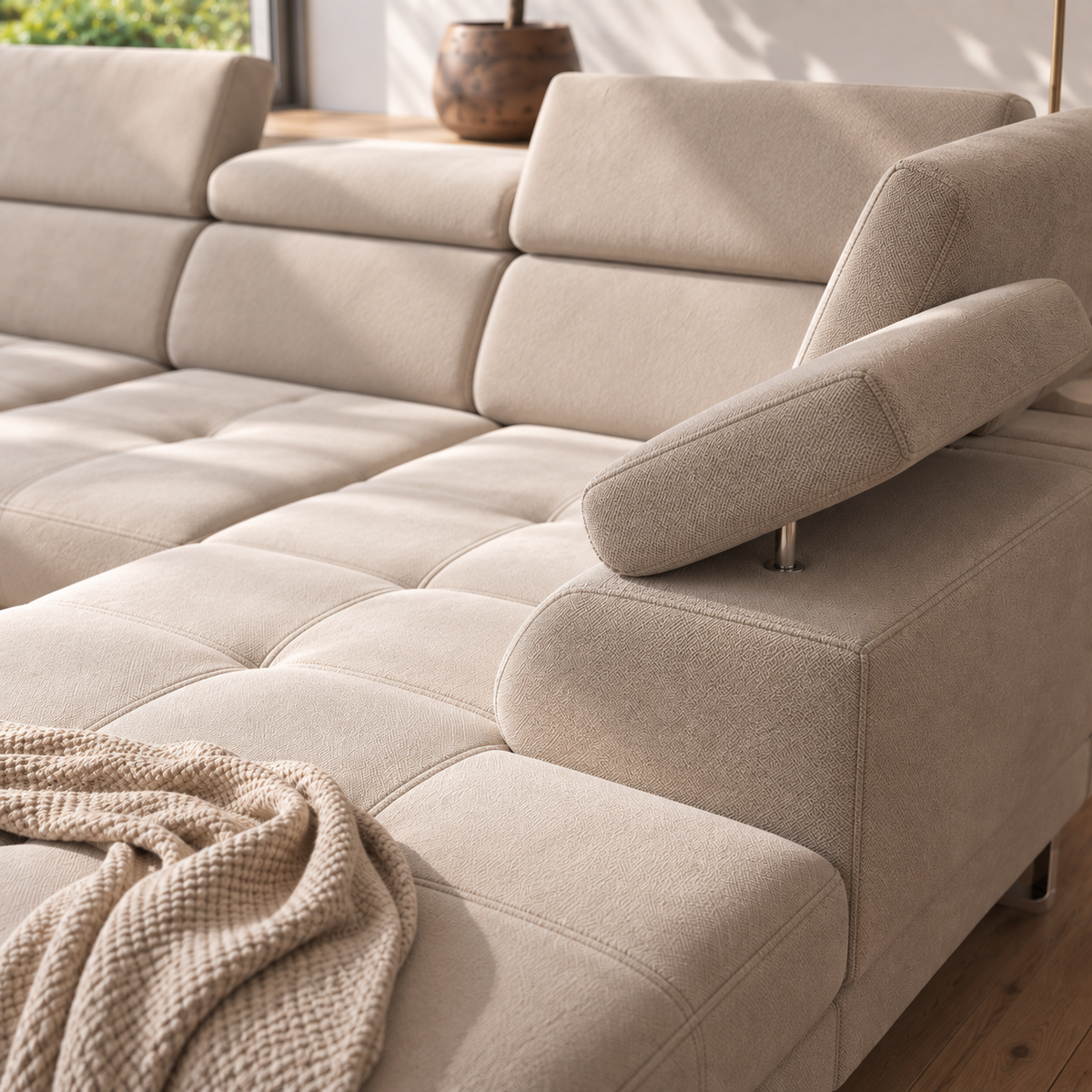 Ecksofa GALAXY MAX I mit Schlaffunktion, 280x350x225, Stoff Terra Bettkasten, verstellbaren Kopfstützen & Armlehne, Grau (Terra 92)