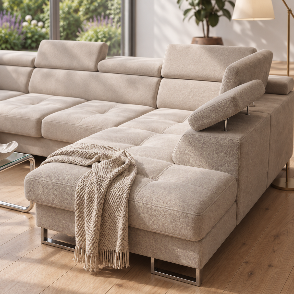 Ecksofa GALAXY MAX I mit Schlaffunktion, 280x350x225, Stoff Terra Bettkasten, verstellbaren Kopfstützen & Armlehne, Grau (Terra 92)