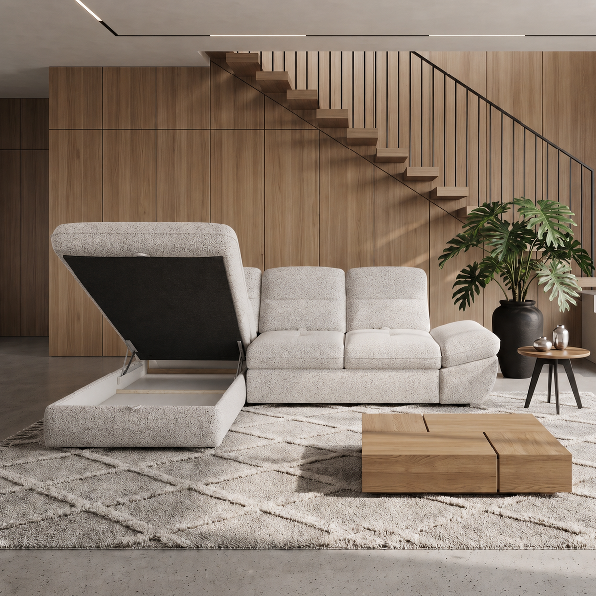Ecksofa GALIANO L mit Schlaffunktion, Bettkasten & verstellbarer Rückenlehne – Komfort & Design vereint - Weiß-Schwarz (Puente 06)