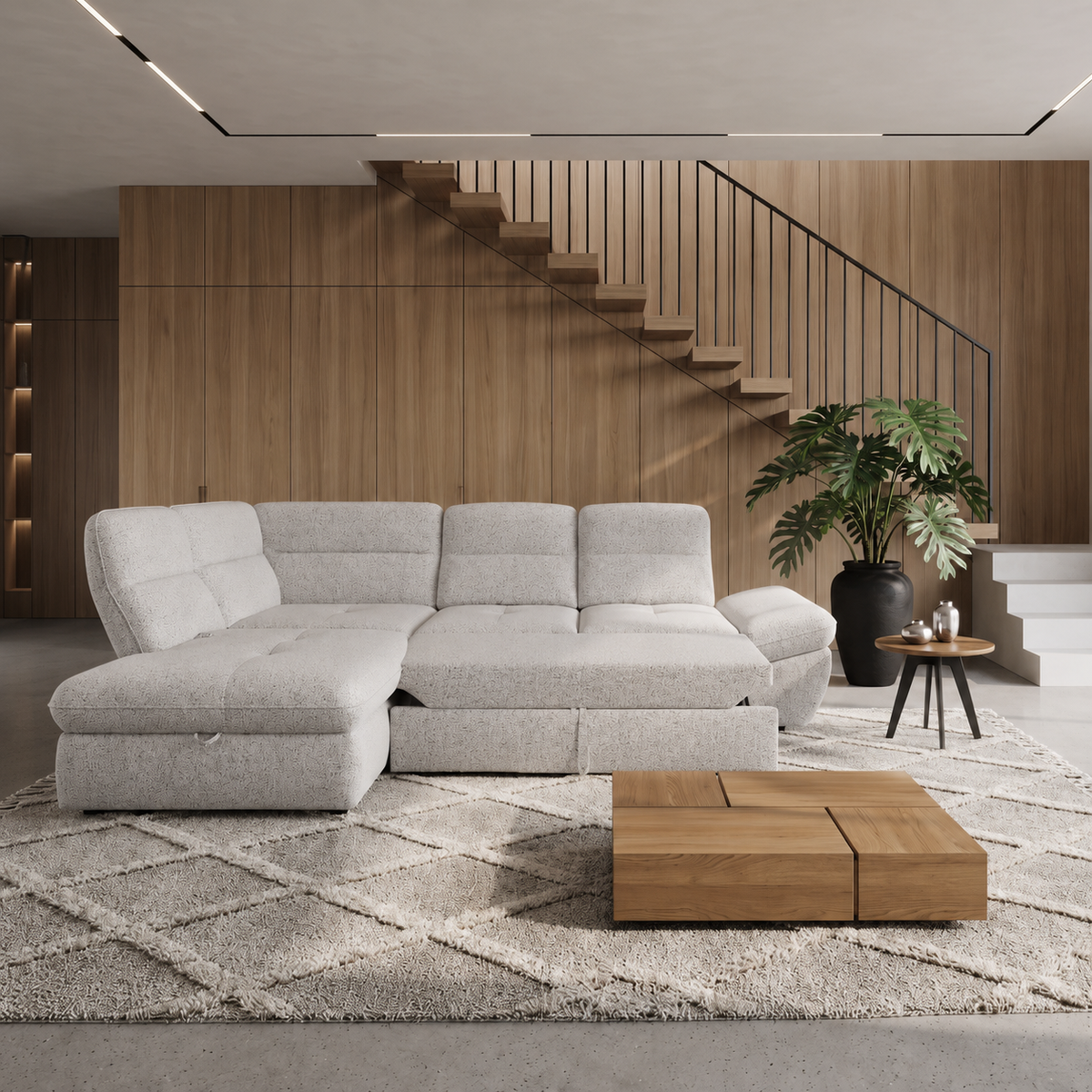 Ecksofa GALIANO L mit Schlaffunktion, Bettkasten & verstellbarer Rückenlehne – Komfort & Design vereint - Weiß-Schwarz (Puente 06)