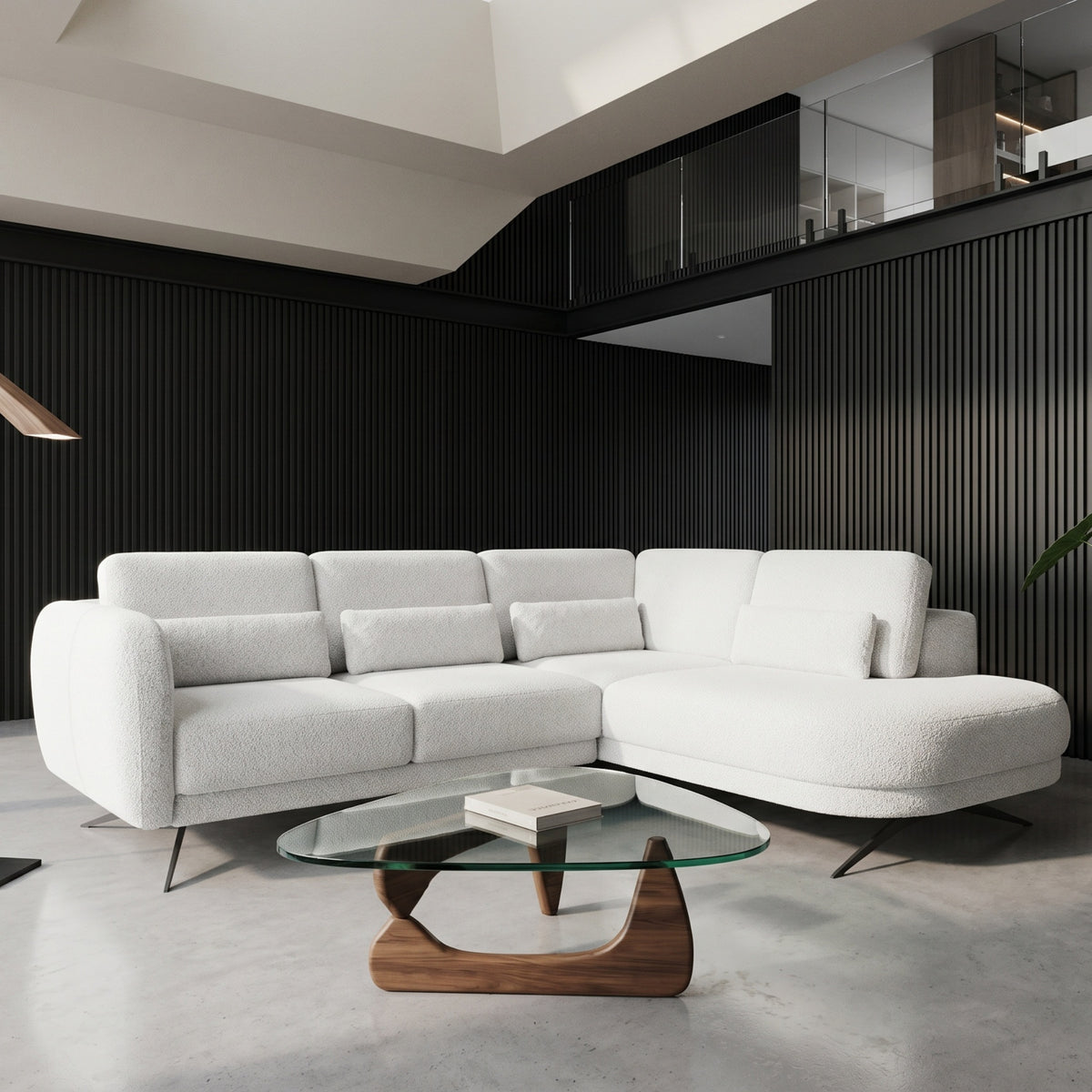 Ecksofa ILUSIO L Elektrisch Relaxfunktion verstellbare Sitztiefe Weiß Bouclé (Quelle 01)