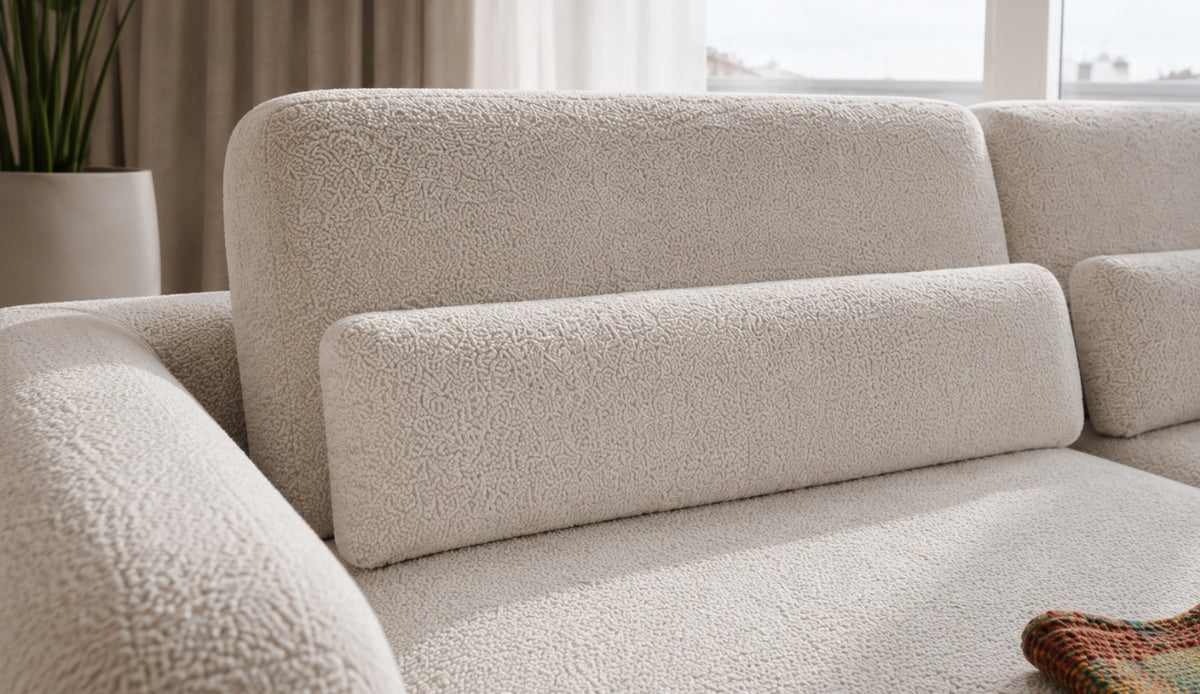 Ecksofa ILUSIO MINI Elektrisch verstellbare Sitztiefe 260 cm Relaxfunktion Beige Bouclé (Quelle 06)