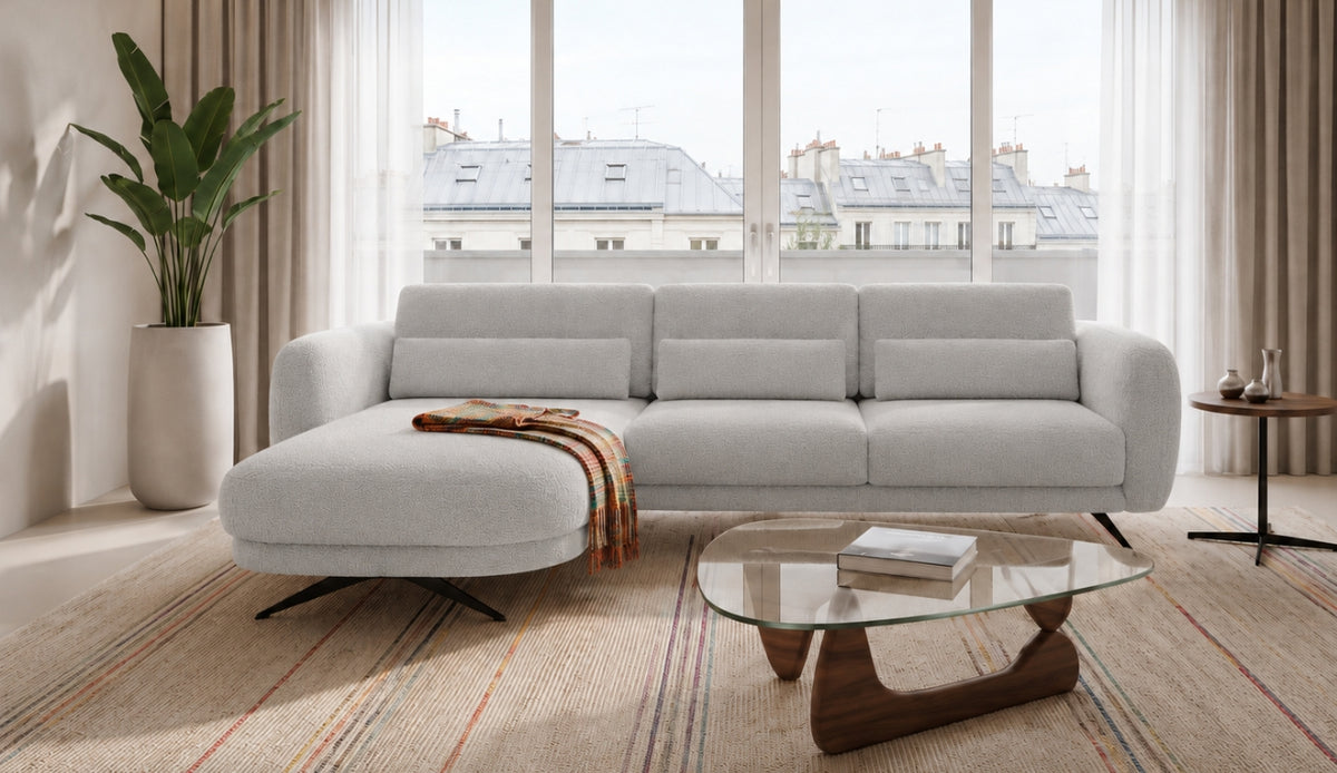 Ecksofa ILUSIO MINI 260 cm Elektrisch verstellbare Sitztiefe Relaxfunktion Hellgrau Bouclé (Quelle 83)