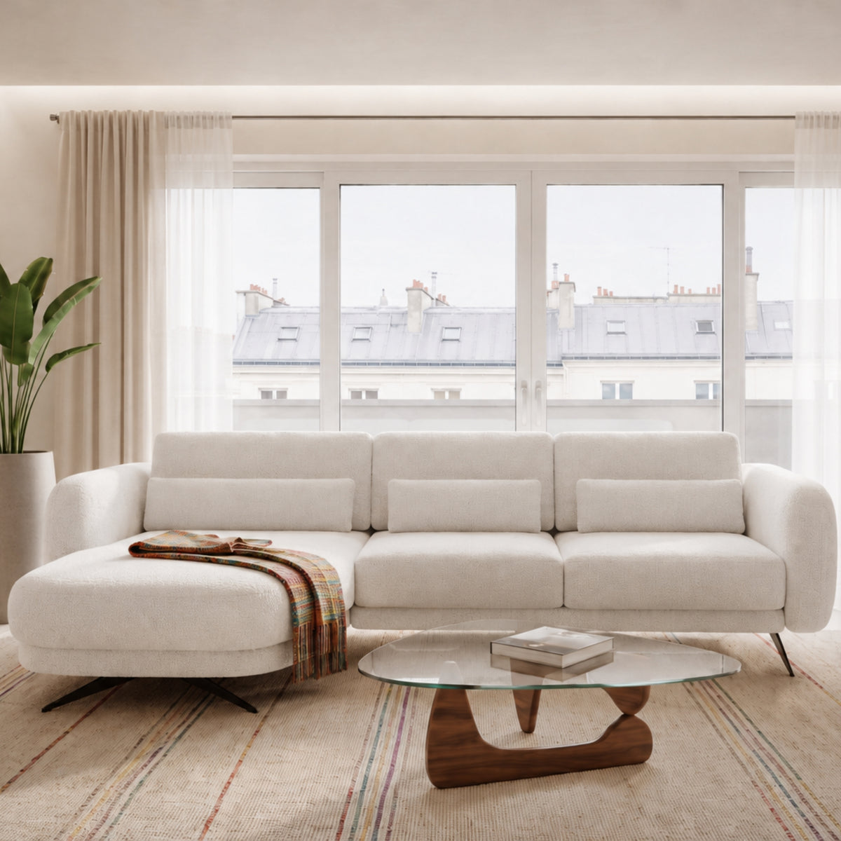 Ecksofa ILUSIO MINI Elektrisch verstellbare Sitztiefe 260 cm Relaxfunktion Beige Bouclé (Quelle 06)