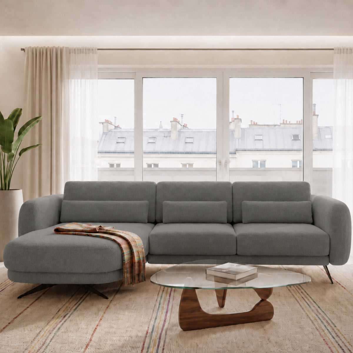 Ecksofa ILUSIO MINI Dunkelgrau Bouclé 260 cm Elektrisch verstellbare Sitztiefe Relaxfunktion (Quelle 92)