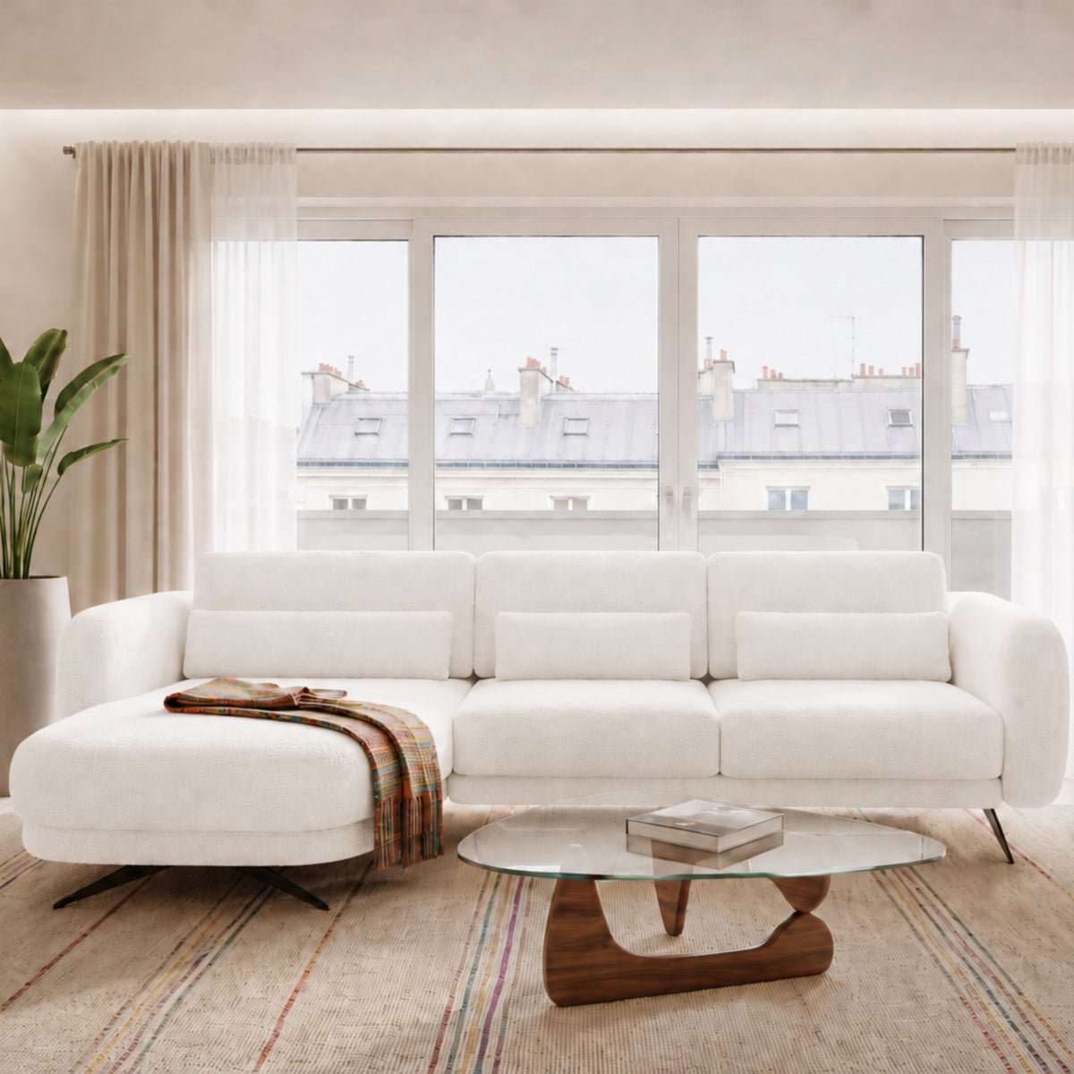 Ecksofa ILUSIO MINI Elektrisch verstellbare Sitztiefe 260 cm Relaxfunktion Weiß Bouclé (Quelle 01)