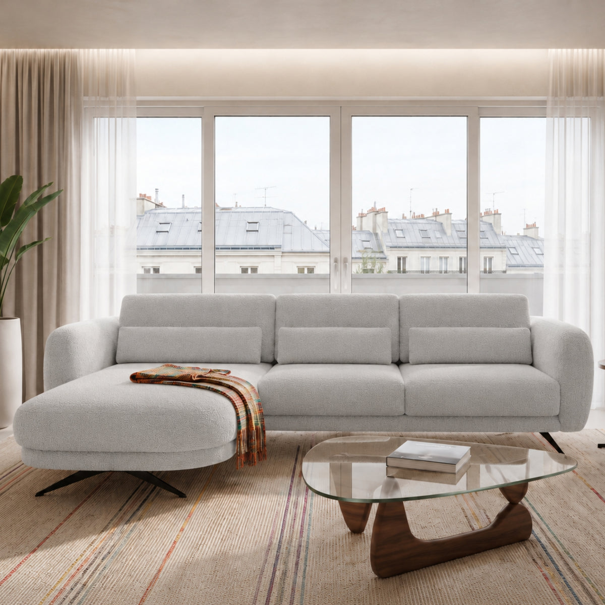 Ecksofa ILUSIO MINI 260 cm Elektrisch verstellbare Sitztiefe Relaxfunktion Hellgrau Bouclé (Quelle 83)