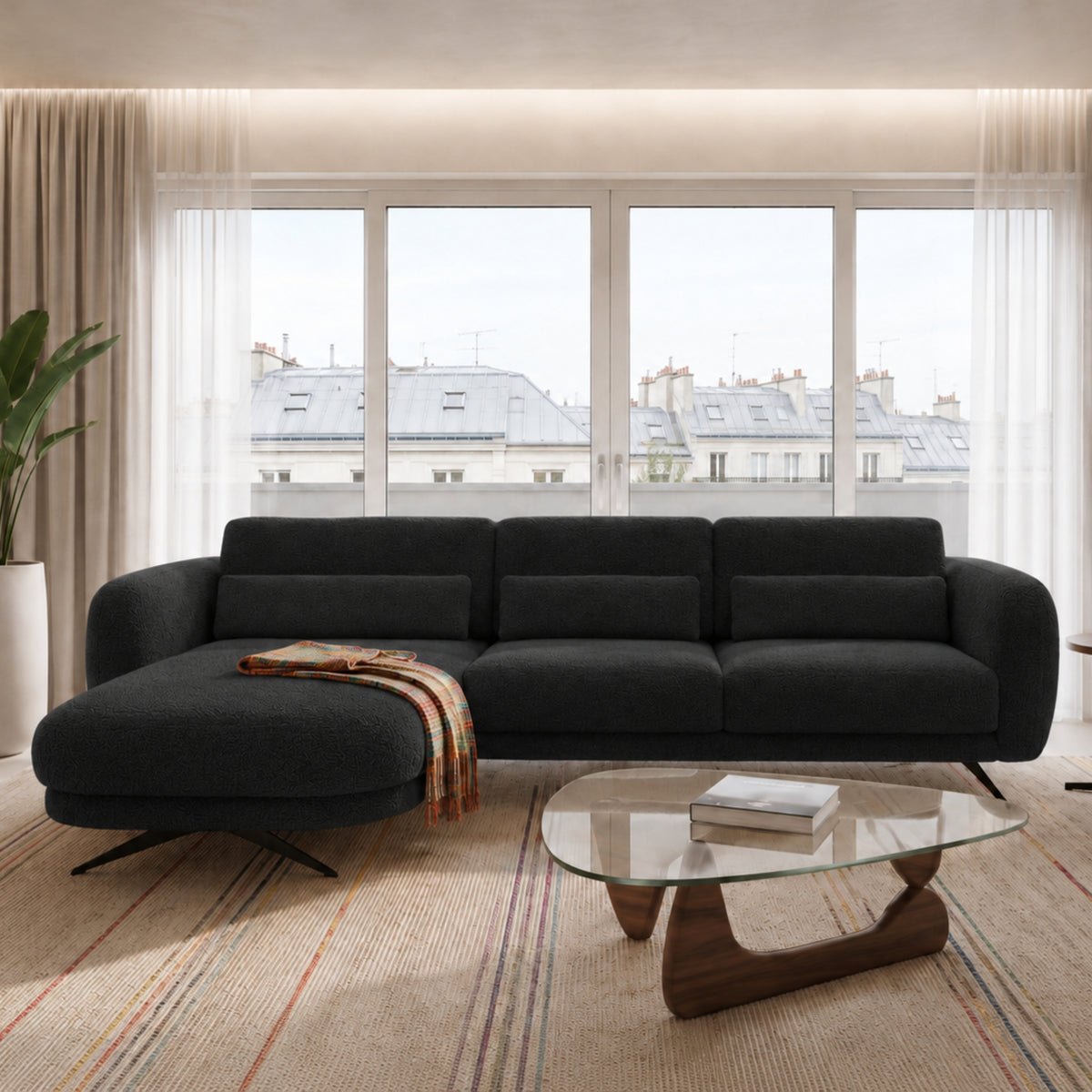 Ecksofa ILUSIO MINI 260 cm Elektrisch verstellbare Sitztiefe Schwarz Bouclé Relaxfunktion (Quelle 100)