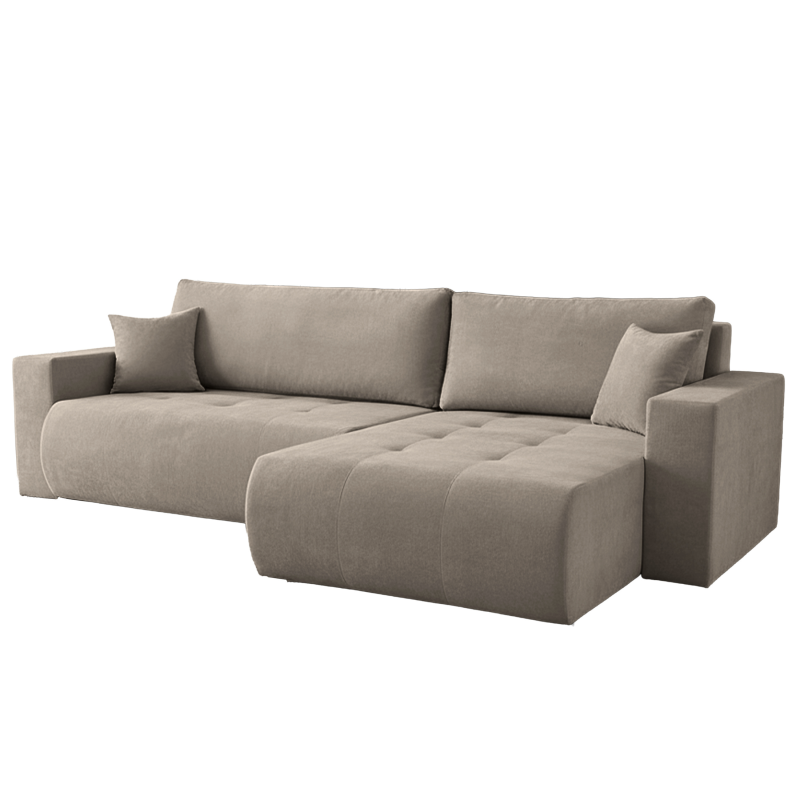 Ecksofa KORA – Modernes, komfortables Sofa mit Schlaffunktion und Stauraum für Wohnzimmer - Grau Beige (Wind 21)