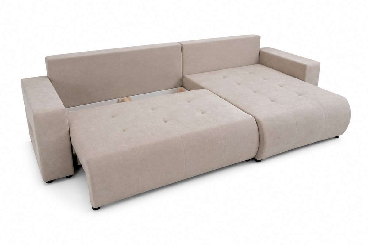 Ecksofa KORA – Modernes, komfortables Sofa mit Schlaffunktion und Stauraum für Wohnzimmer - Schwarz (Wind 99)