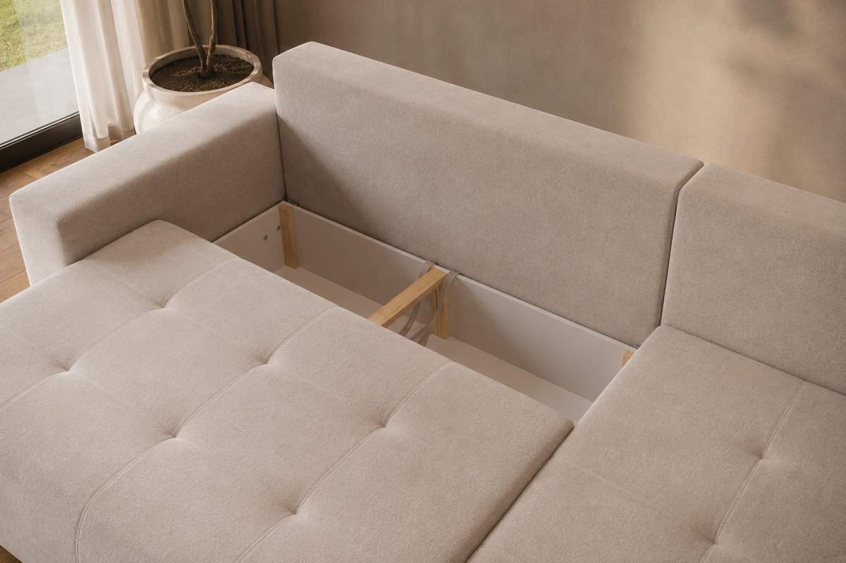 Ecksofa KORA – Modernes, komfortables Sofa mit Schlaffunktion und Stauraum für Wohnzimmer - Schwarz (Wind 99)