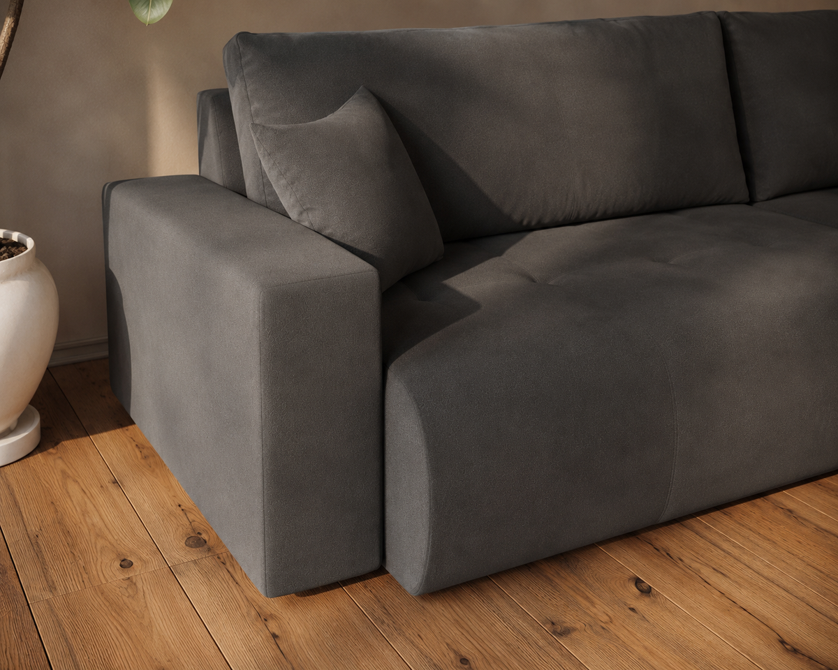 Ecksofa KORA – Modernes, komfortables Sofa mit Schlaffunktion und Stauraum für Wohnzimmer - Schwarz (Wind 99)