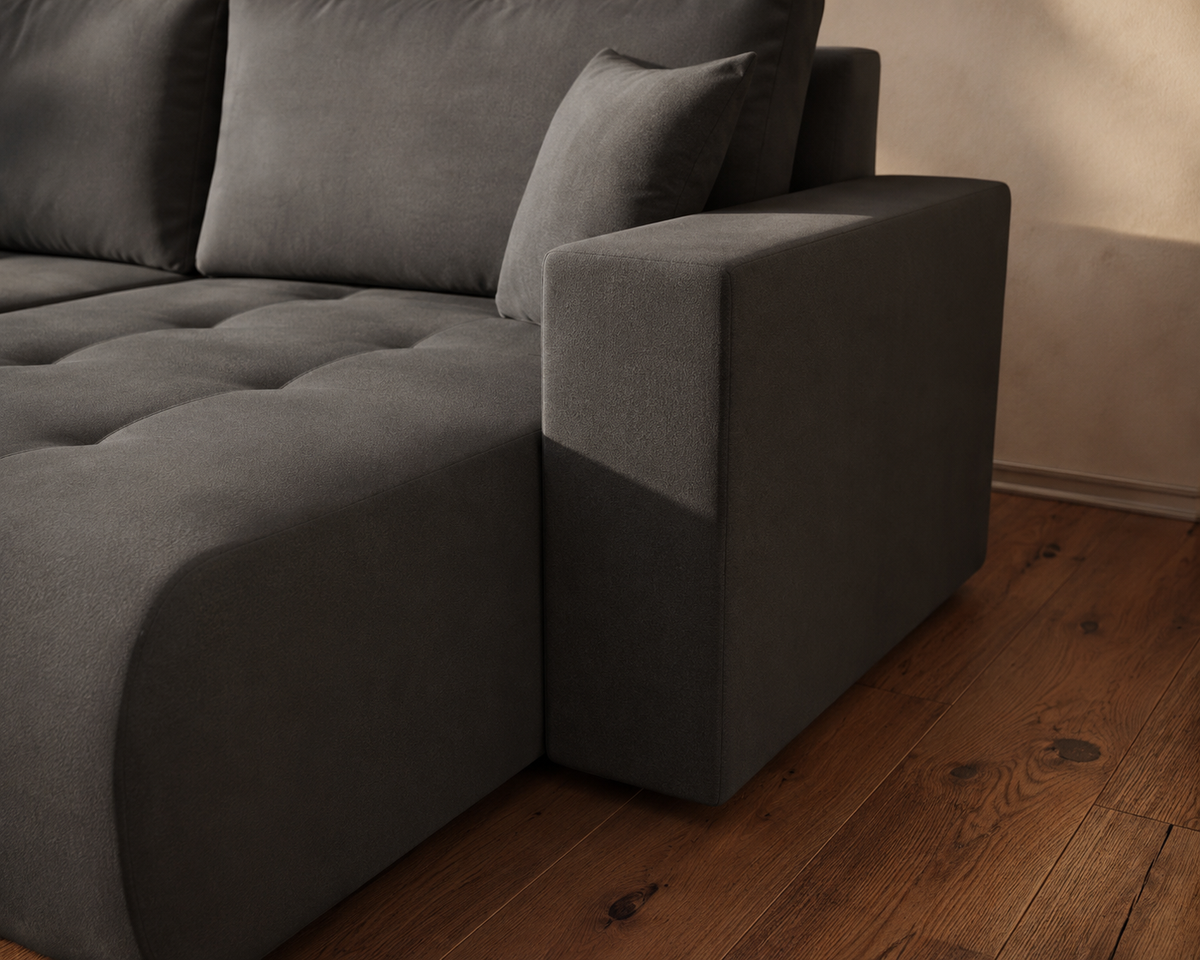 Ecksofa KORA – Modernes, komfortables Sofa mit Schlaffunktion und Stauraum für Wohnzimmer - Schwarz (Wind 99)