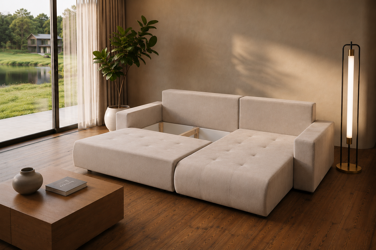 Ecksofa KORA – Modernes, komfortables Sofa mit Schlaffunktion und Stauraum für Wohnzimmer - Schwarz (Wind 99)