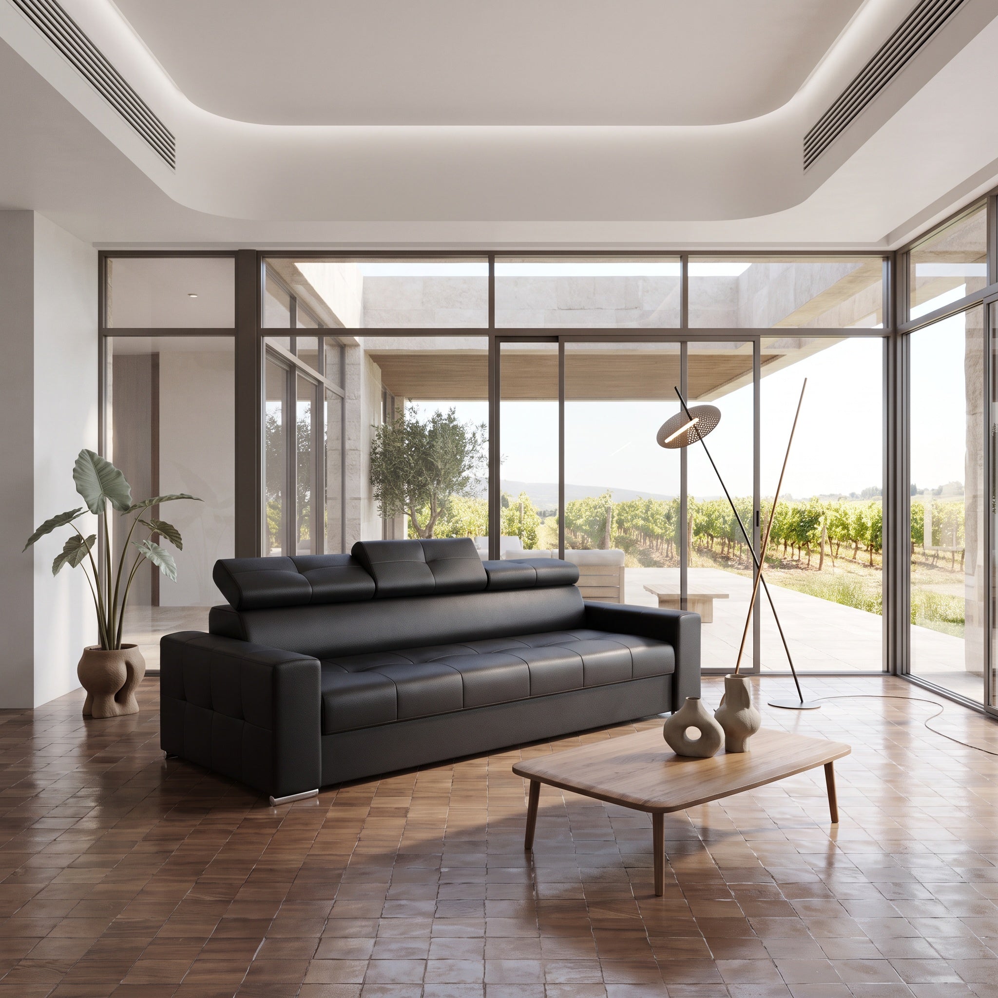 Ledersofa MARGO III Leder Couch verstellbare Kopfstützen 273 cm - Schwarz