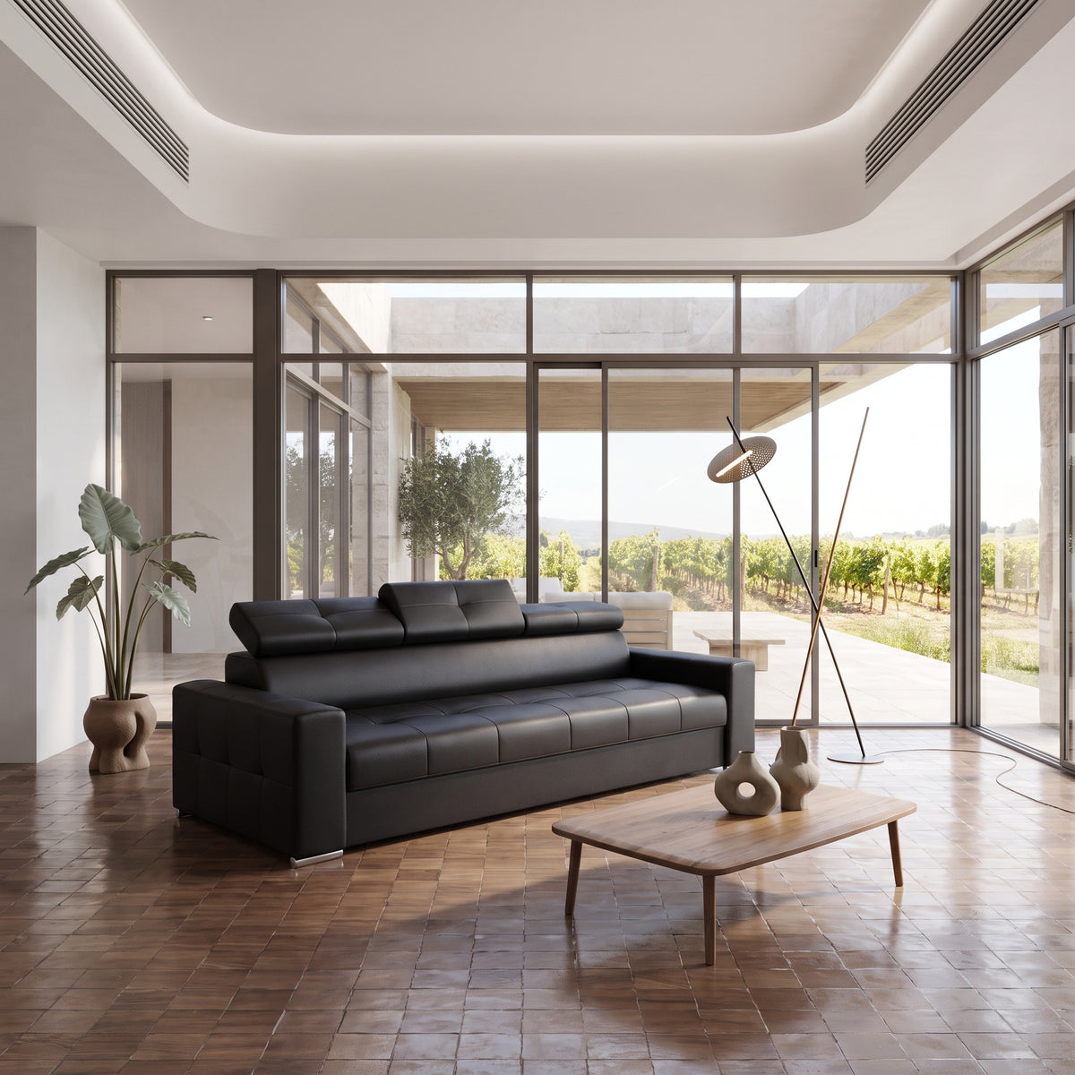 Ledersofa MARGO III Leder Couch verstellbare Kopfstützen 273 cm - Schwarz