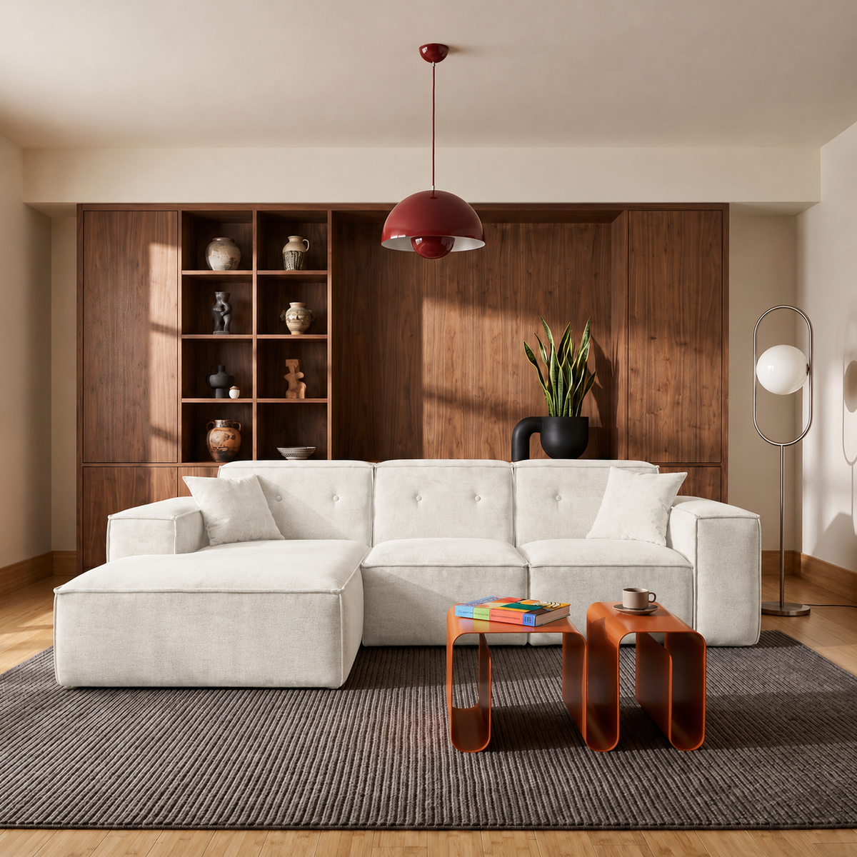 Modernes Ecksofa Luga L - breite Armlehnen, Dekokissen & Chenille Stoff, Creme (Perfect Harmony 01)