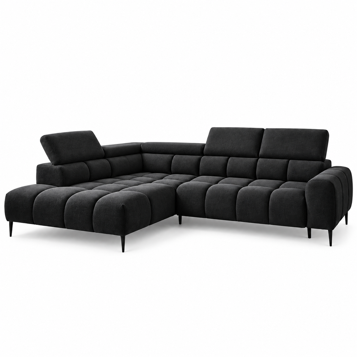 Ecksofa PLAZA L mit elektrischer Sitzverstellung und verstellbaren Kopfstützen – modern & komfortabel, Samt Solar 99 Schwarz