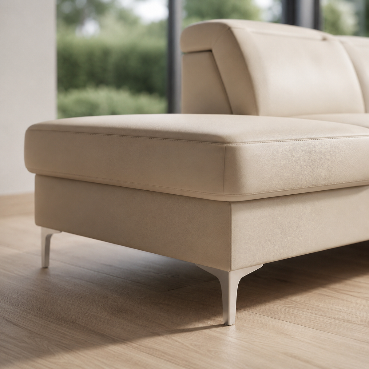 Ecksofa OSLO MAX 295x295 cm in beigem Stoff Moly 02 mit Schlaffunktion und verstellbaren Kopfstützen