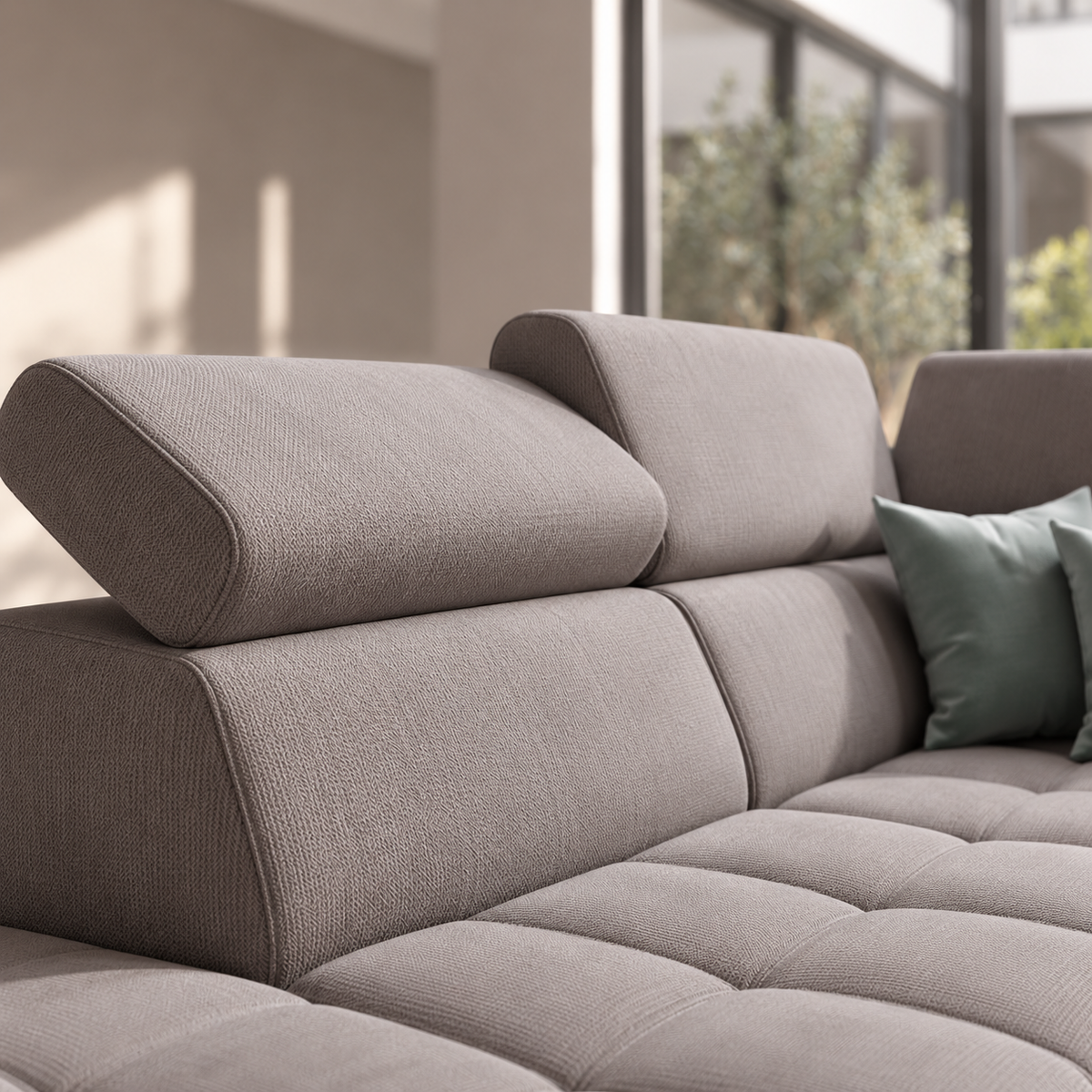 PORTO Ecksofa 255 × 225 cm mit Schlaffunktion, Bettkasten, verstellbaren Kopfstützen – HR & T35 Schaum, Stoff Gemma - Aschgrau
