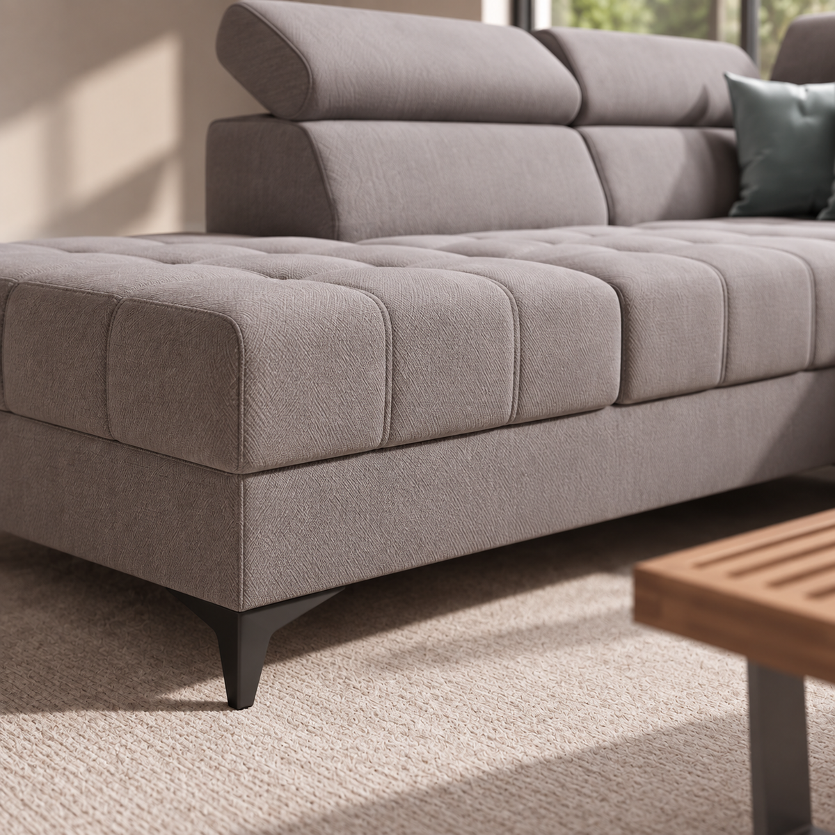 PORTO Ecksofa 255 × 225 cm mit Schlaffunktion, Bettkasten, verstellbaren Kopfstützen – HR & T35 Schaum, Stoff Gemma - Aschgrau