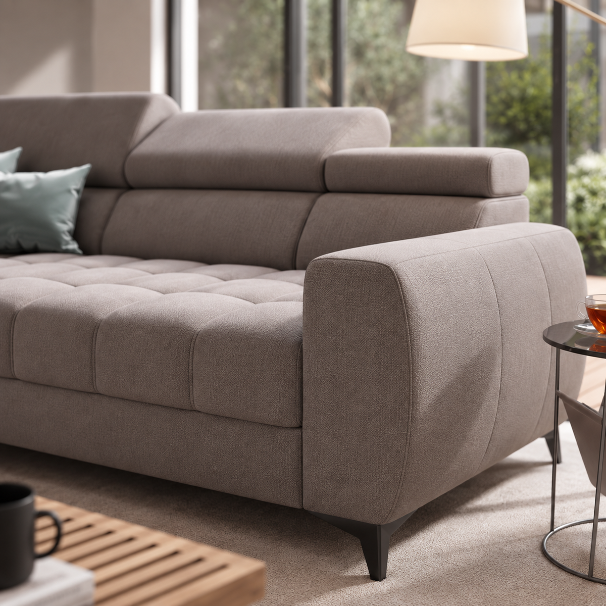 PORTO Ecksofa 255 × 225 cm mit Schlaffunktion, Bettkasten, verstellbaren Kopfstützen – HR & T35 Schaum, Stoff Gemma - Aschgrau