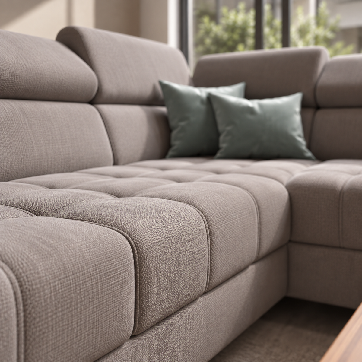 PORTO Ecksofa 255 × 225 cm mit Schlaffunktion, Bettkasten, verstellbaren Kopfstützen – HR & T35 Schaum, Stoff Gemma - Aschgrau