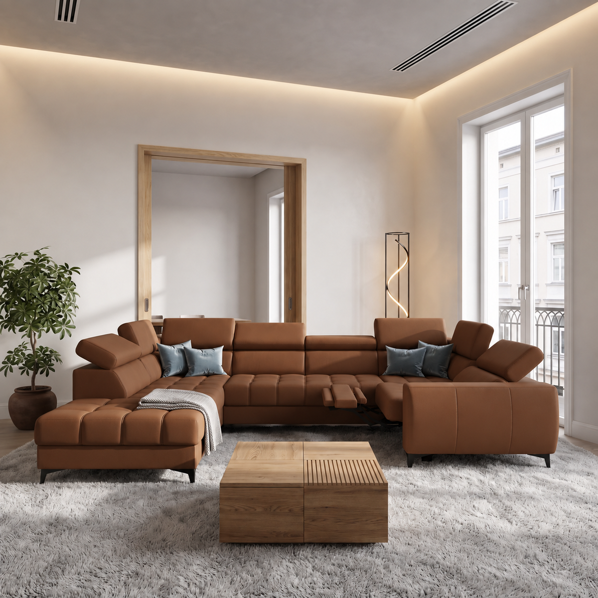 PORTO MAX I RELAX Ecksofa in Kognak Braun, Echtleder K-31