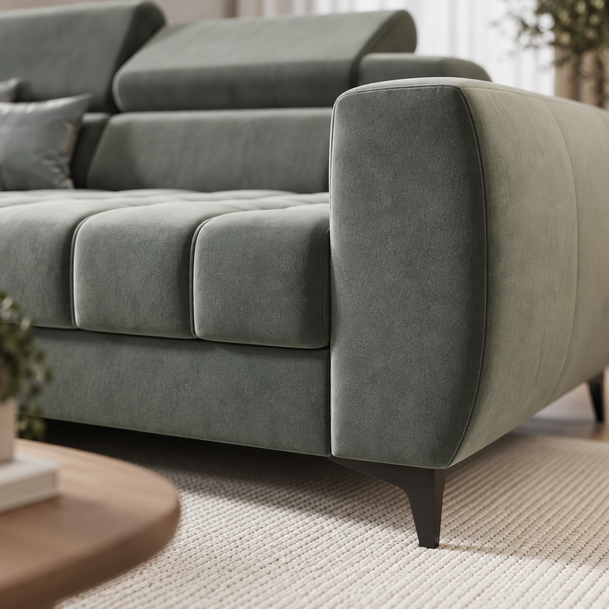 Porto Mini Ecksofa mit Schlaffunktion, verstellbaren Kopfstützen und Bettkasten – Moly 80, Grau
