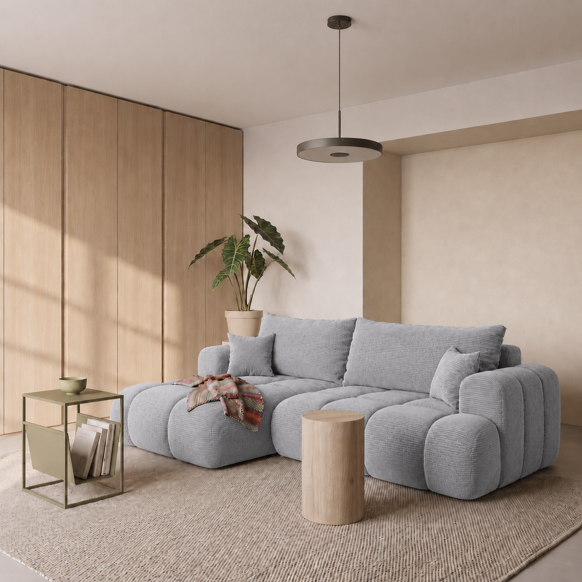 Ecksofa TREVIO L-Form mit Schlaffunktion und Bettkasten, Wolken-Design - Taubengrau, Stoff Poso 55