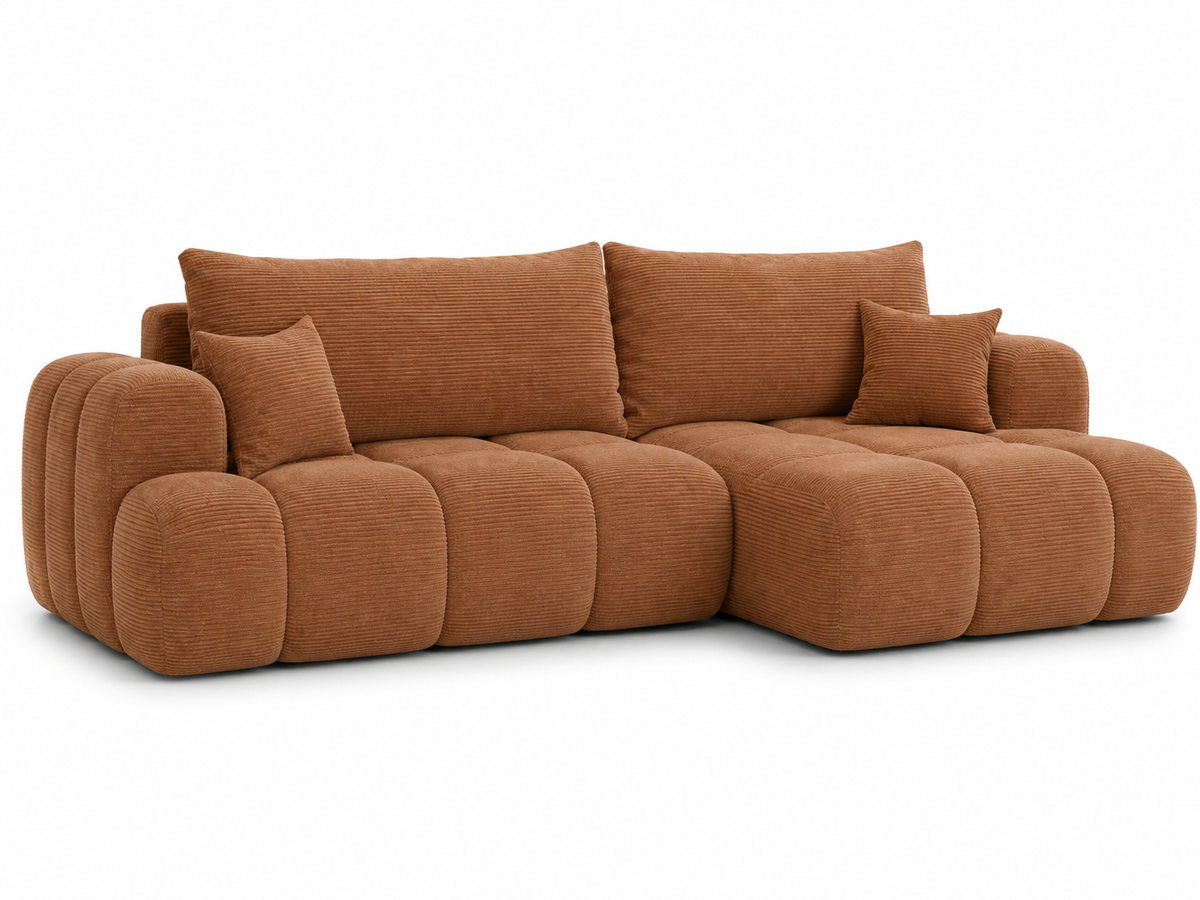 Ecksofa TREVIO L-Form mit Schlaffunktion und Bettkasten, Wolken-Design - Orange, Stoff Poso 40