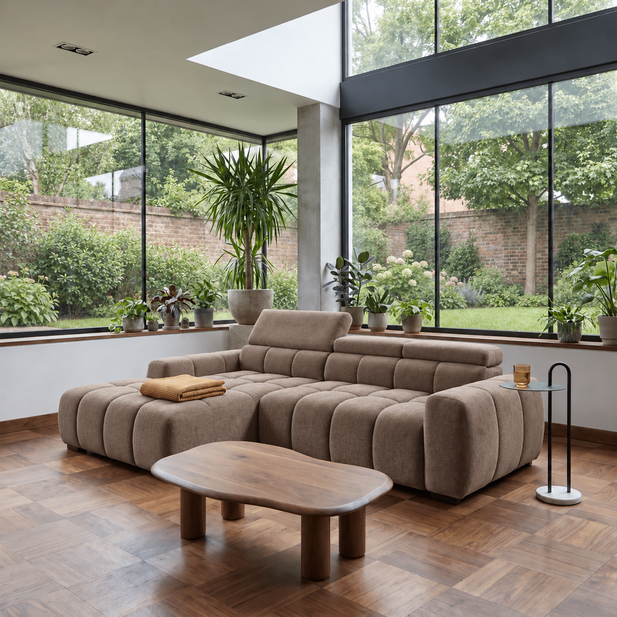 BULL S Ecksofa mit elektrischer Sitztiefenverstellung und Relaxfunktion – modernes Ecksofa 285 cm, Stoff Salvador 03, Dunkelbeige