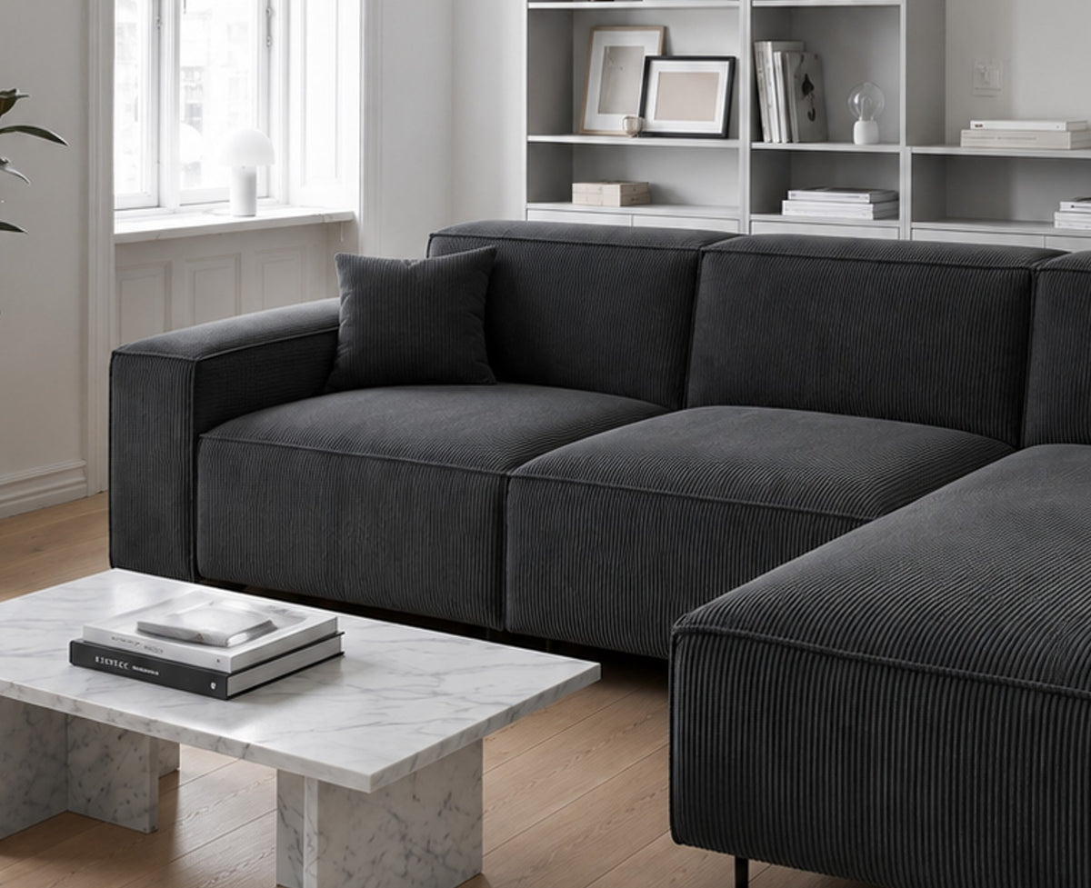 Ecksofa LUGA L HILLS – elegantes Designer-Ecksofa in L-Form mit Strukturstoff SCALA für modernes Wohnen, Stoff Scala - Anthrazit