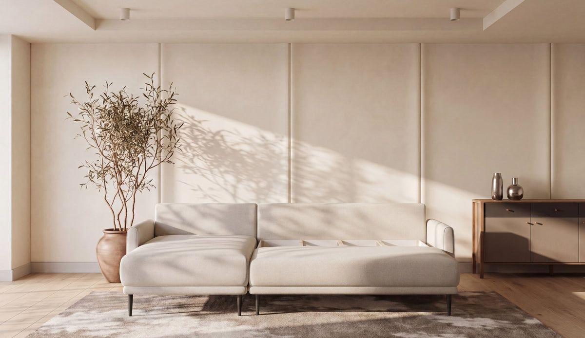 Ecksofa SOHO S mit Schlaffunktion, Rückenkissen lose, modernem Design und Bettkasten Beige (Austin 2)