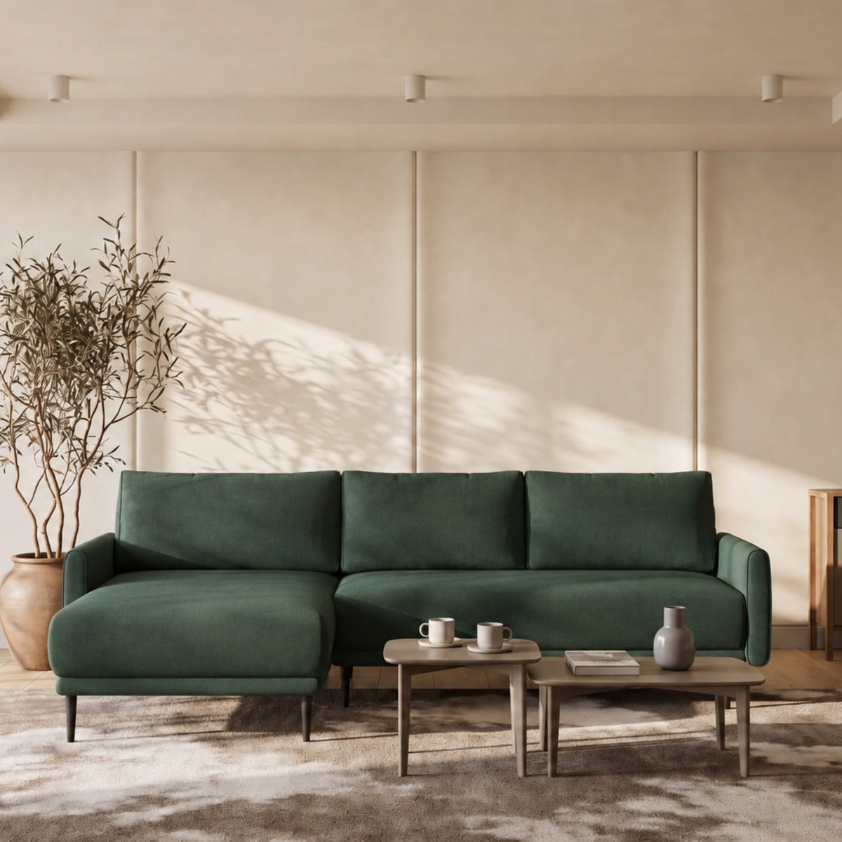 Ecksofa SOHO S mit Schlaffunktion, Rückenkissen lose, modernem Design und Bettkasten Dunkelgrüne