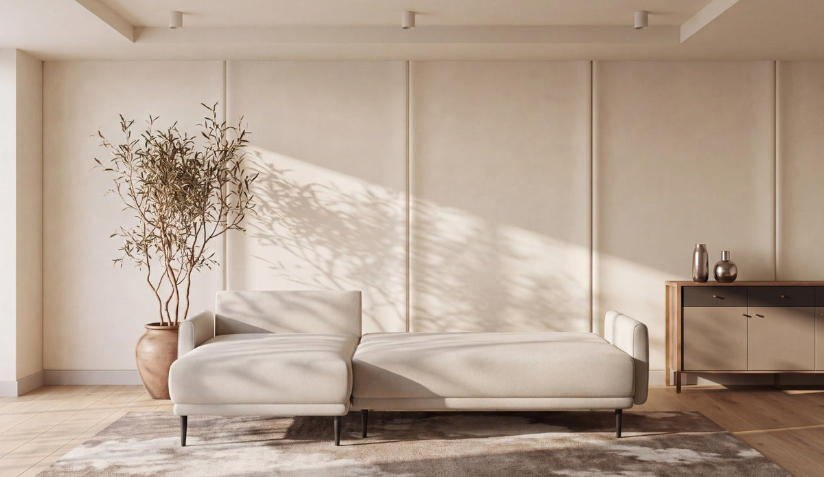 Ecksofa SOHO S mit Schlaffunktion, Rückenkissen lose, modernem Design und Bettkasten Beige (Austin 2)