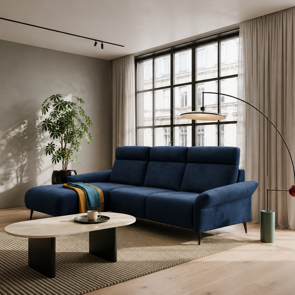 Ecksofa STEVIO – mit elektrischer Relaxfunktion, modernes Design - Dunkelblau (Aphrodite 15)