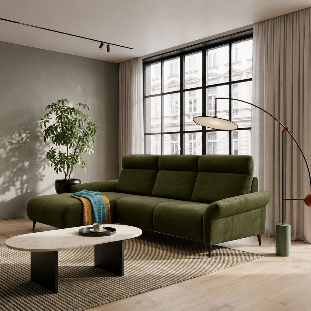 Ecksofa STEVIO – mit elektrischer Relaxfunktion, modernes Design - Olive (Aphrodite 12)