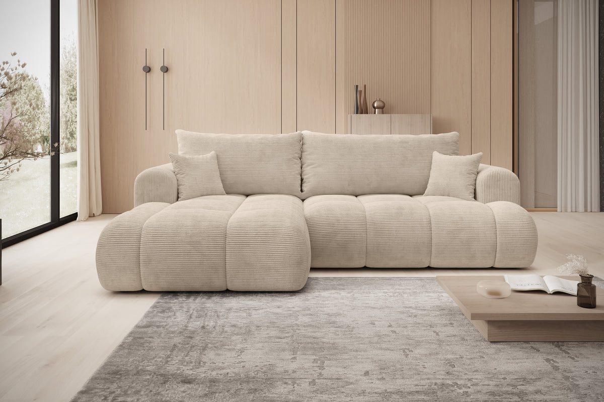 Ecksofa TREVIO L-Form mit Schlaffunktion und Bettkasten, Wolken-Design - Orange, Stoff Poso 40