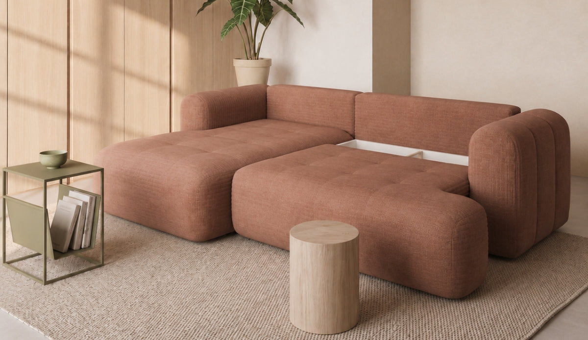 Ecksofa TREVIO L-Form mit Schlaffunktion und Bettkasten, Wolken-Design - Beige, Stoff Cremona 14
