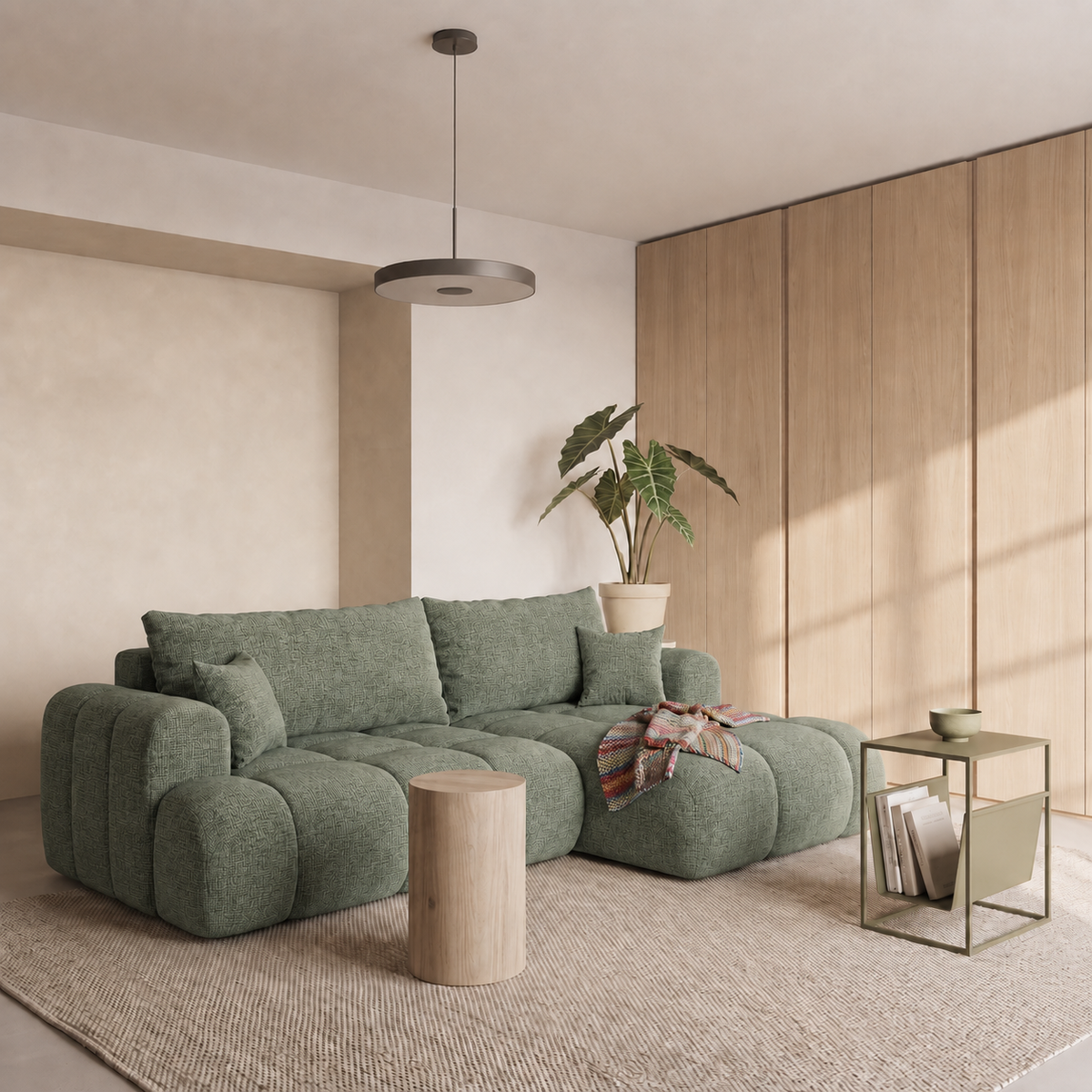 Ecksofa TREVIO L-Form mit Schlaffunktion und Bettkasten, Wolken-Design - Dunkelgrün, Stoff Cremona 39
